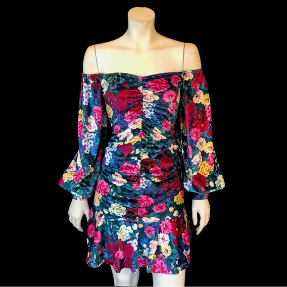 ROCOCO SAND Floral On or Off the Shoulder Ruched Mini Dress S - Picture 2 of 10